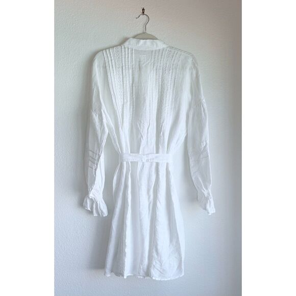 NWT 120% Lino Belted Linen Button Front Pintuck Detail Shirt Dress in White Sz S - Picture 3 of 11